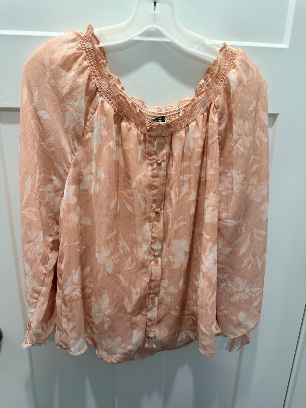 Adrienne Vittadini M Blush Floral Lurex Puff Sleeve Peasant Blouse